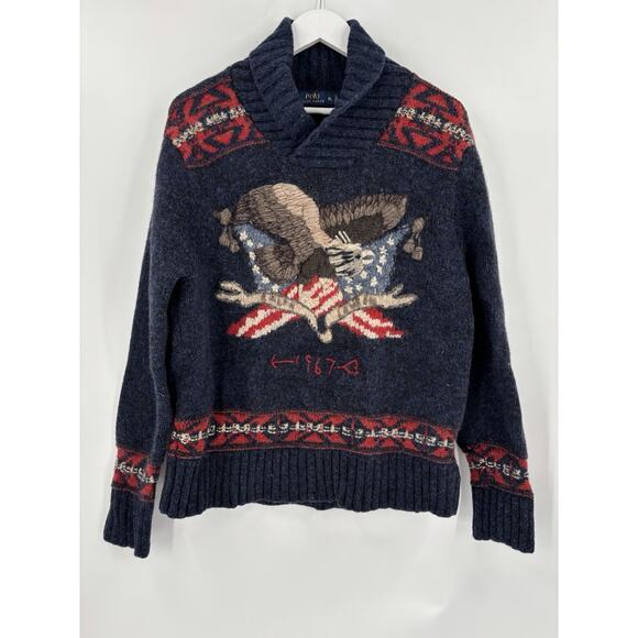 Vintage Polo Ralph Lauren Sweater Mens XL Blue Shawl Collar 1992 Eagle Pullover